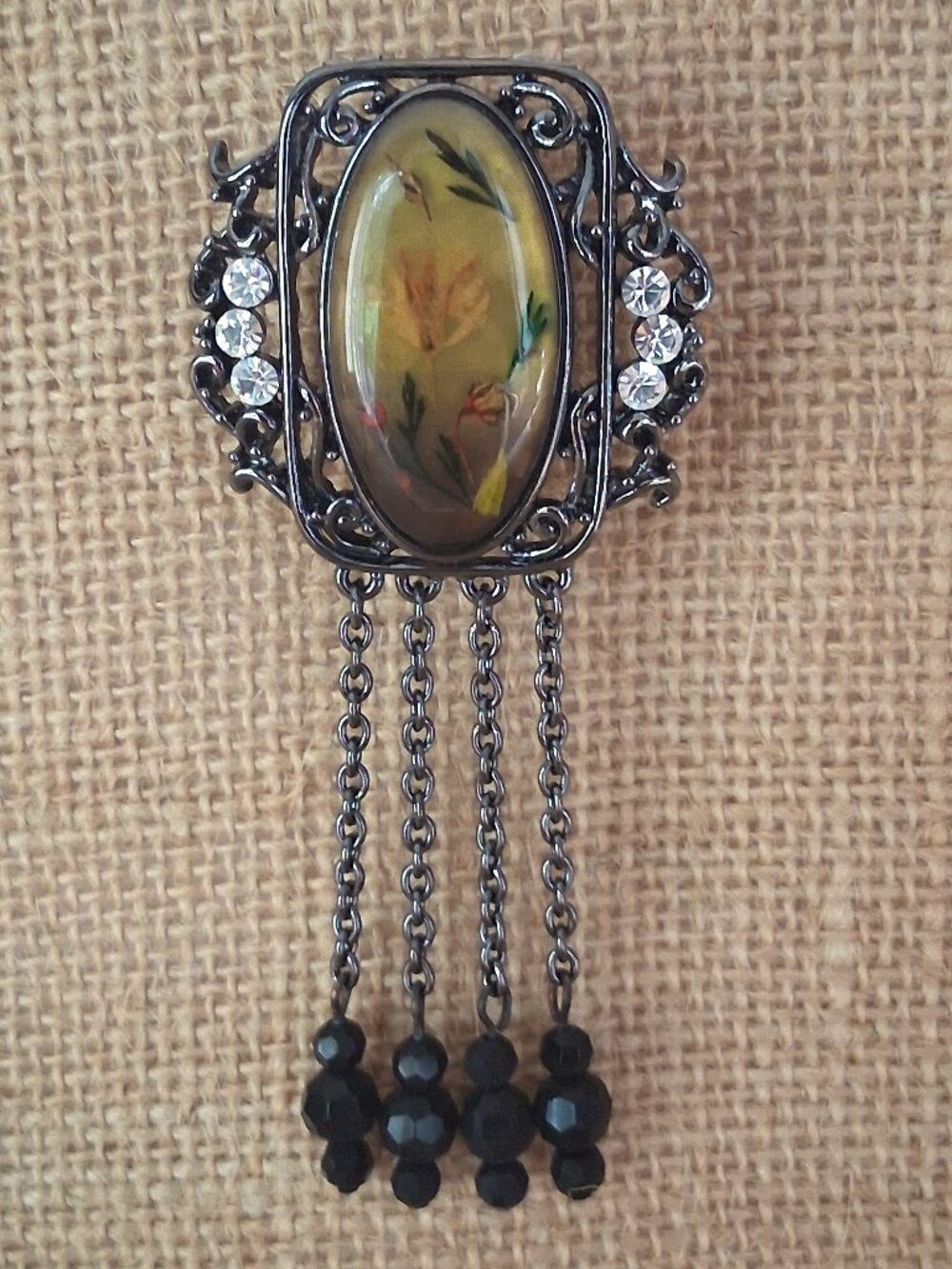 Gunmetal Lucite Real Dried Flower Brooch Beaded Tassel